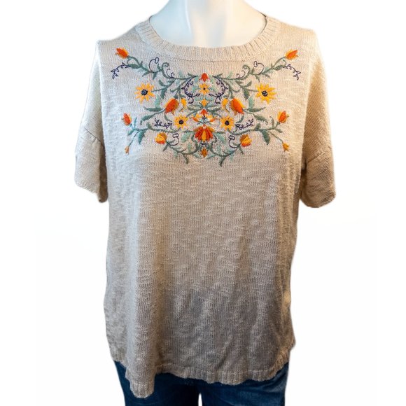 Democracy Tops - Democracy Womens Size Large Knit Top Beige Orange Floral Flutter Short Sleeve